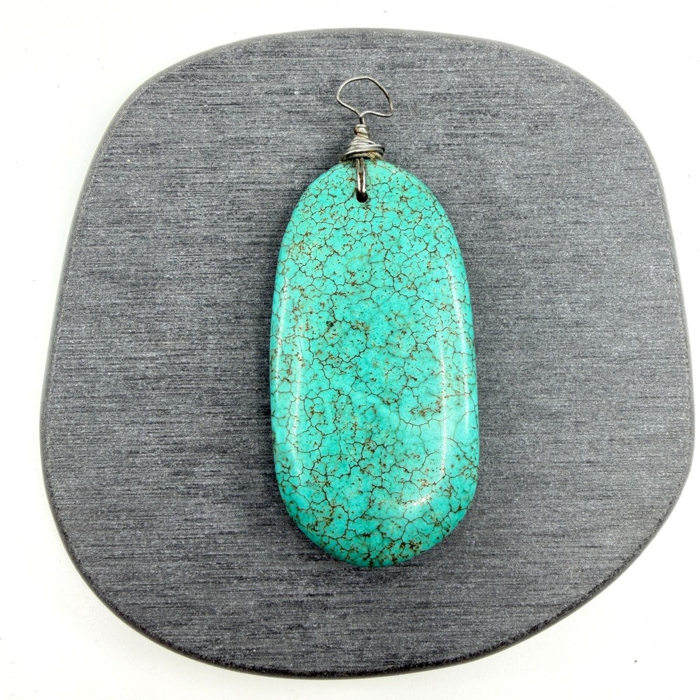 Large Turquoise Look Slab Pendant Silver Tone Wire Wrapped Southwestern Boho
